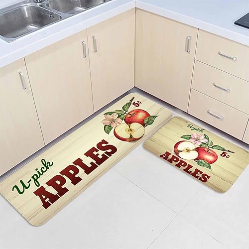 Miniatura 3 de Juego de 2 tapetes de cocina antideslizantes con diseño de manzanas sabrosas de 5 centavos, estilo campestre, tapetes de goma con parte trasera de