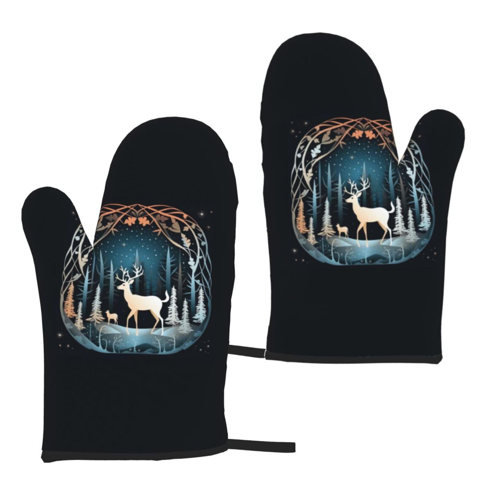 Christmas Tree Deer Print Heat Resistant Universal Fit Oven Microwave Gloves Home Cooking Baking Grilling