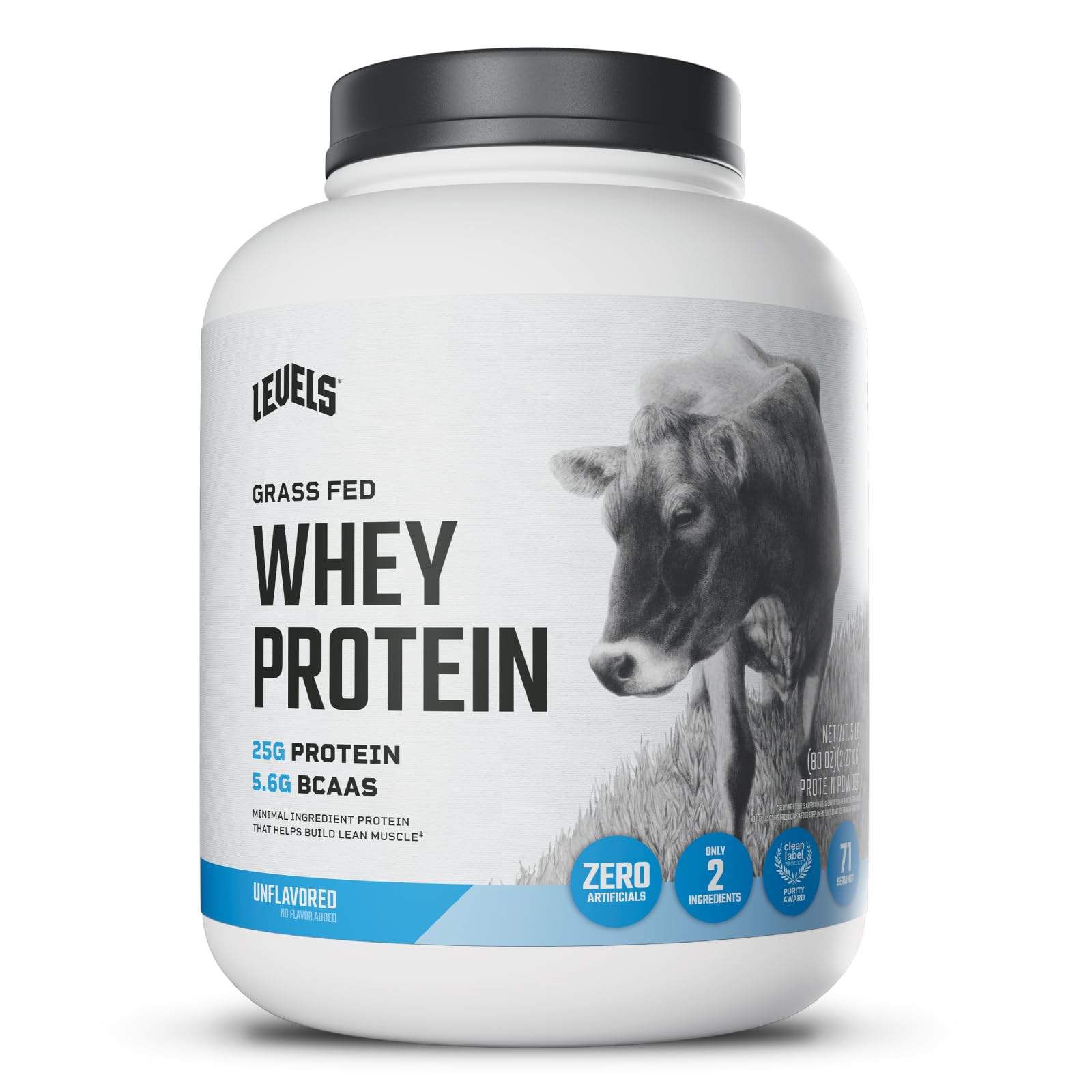Levels Grass Fed Whey Protein Powder, No Artificials, 25G of Protein, Unflavored, 5LB