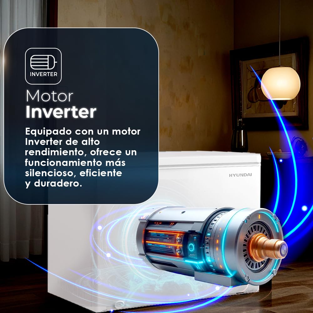 Hyundai Congelador Horizontal Blanco HCH200EDW00. Capacidad 198 Litros, Dual Cooling, 4 Star, Puerta Única Dirección, Modo Super Congelación, Tecnología Inverter, Puerta Abatible, 1 Cesta, 37dB, Clase