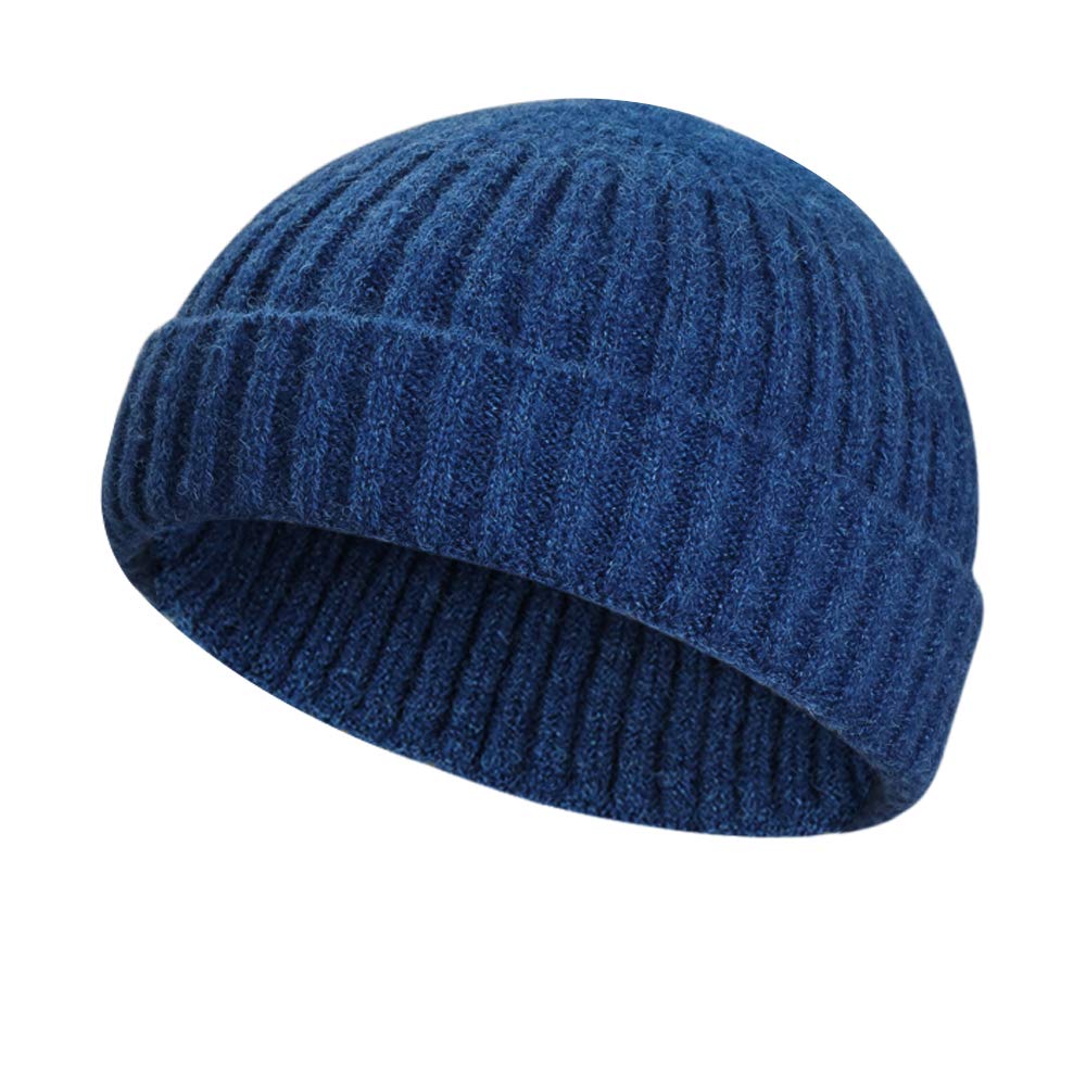 Samserot Winter Wool Knit Trawler Beanie Hat Short Fisherman Skullcap Knit Beanie Cap for Men/Women Sea Blue