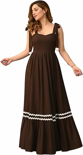 CS Women's Long Maxi Gown with Shoulder Ribbon Tie-Up Dress, Stylish &amp; Trendy - Fit and Flare Sleeveless Square Neckline W...