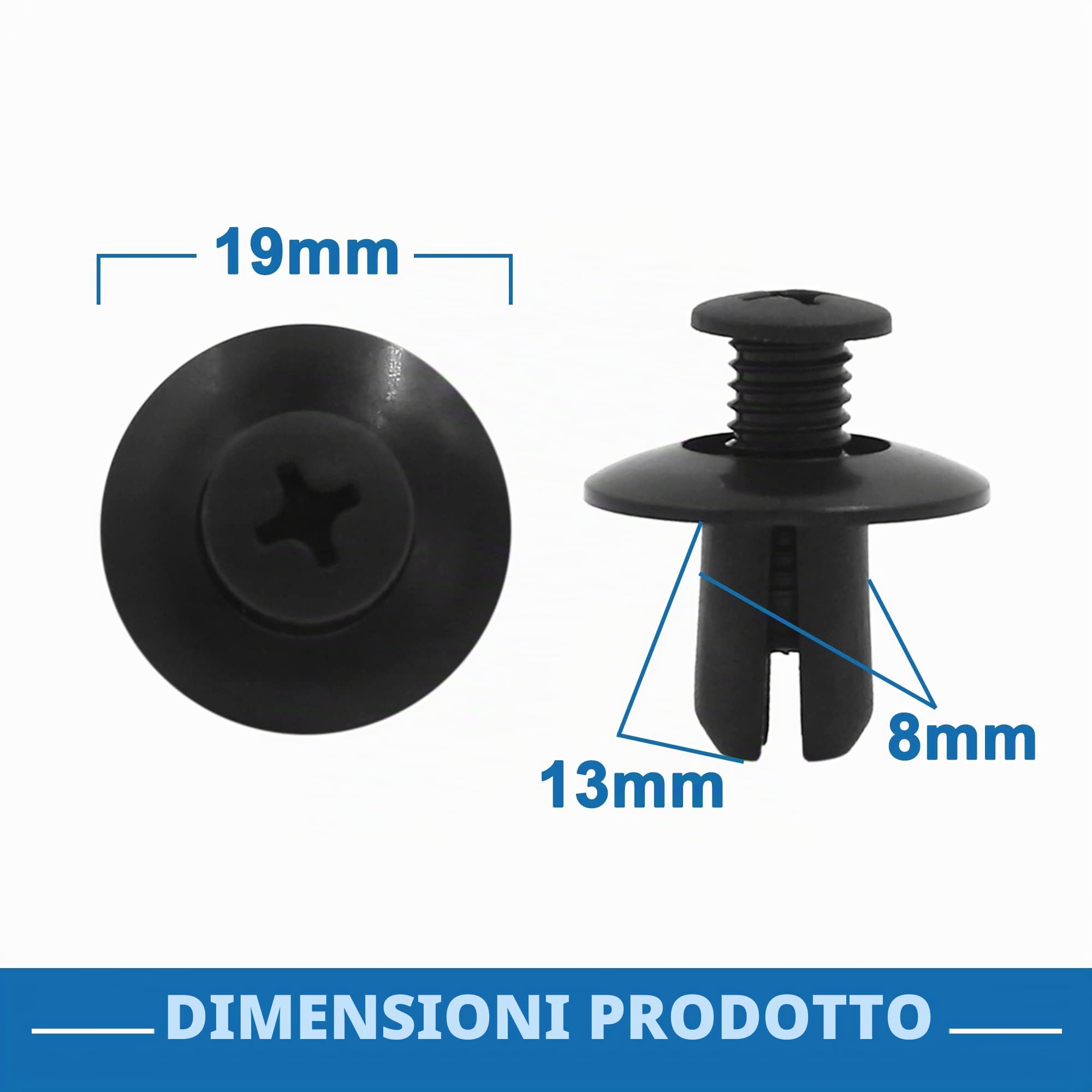 A ABSOPRO Rivetto Interno Fissaggio Viti Clip 8mm Plastica Nero (Set 30)