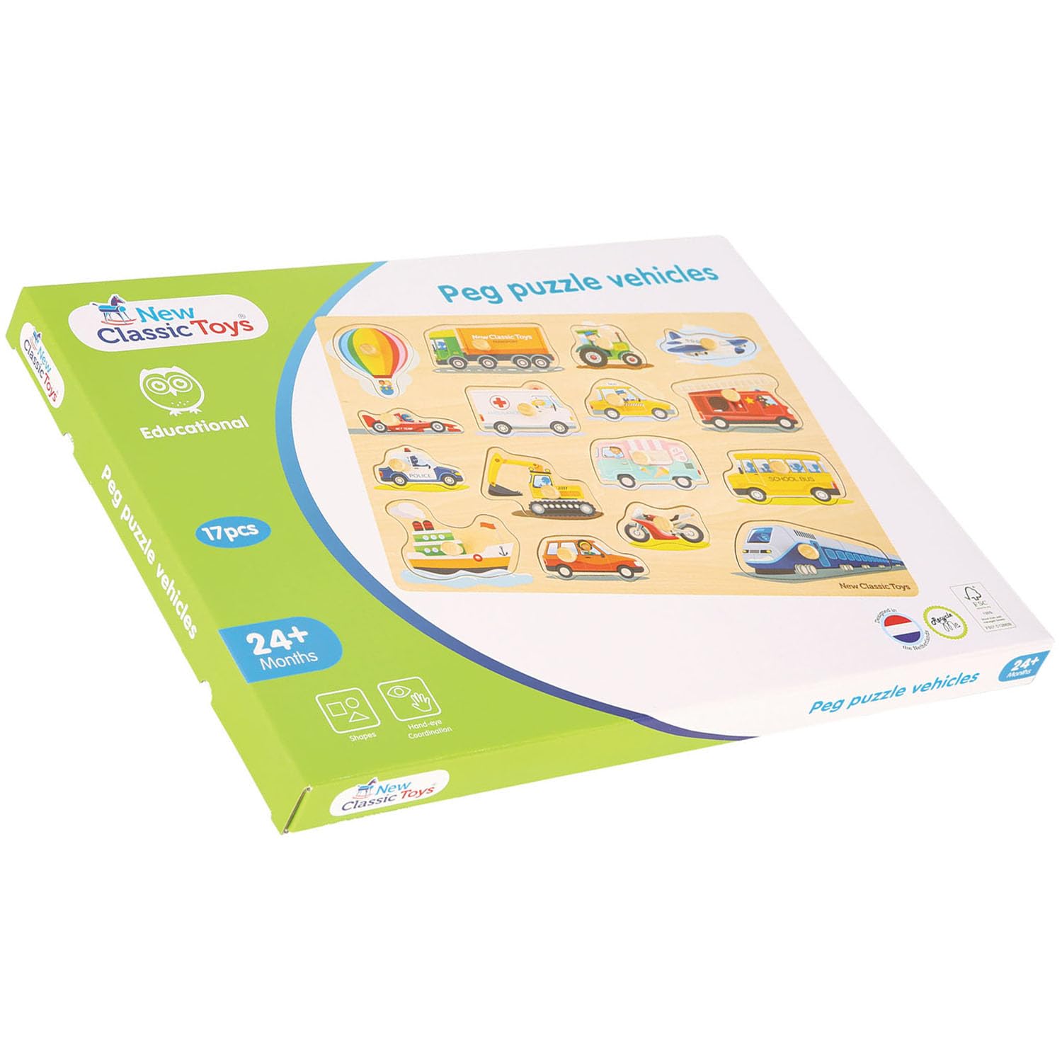 New Classic Toys Puzzle A Pioli In Legno 10442 - 16 Pezzi Colorati, Giocattolo Educativo Sicuro Per Bambini
