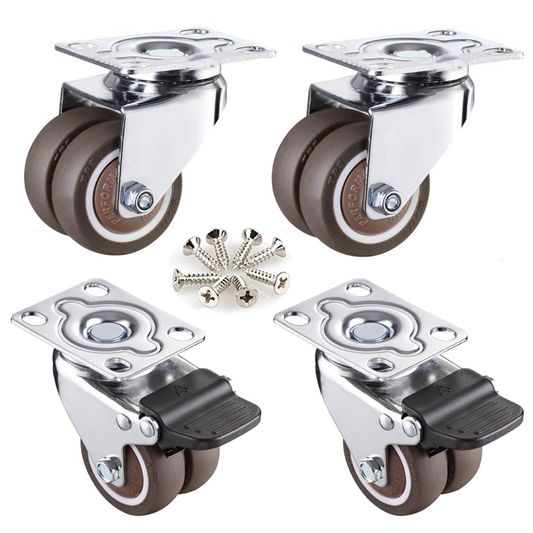 set di 4 ruote piroettanti, Ruote girevoli con piastra, Ruote girevoli for carichi pesanti for movimenti industriali, Ruote con rulli for trasporto, Ruote doppie in gomma, con viti, 4 pezzi (freno 38
