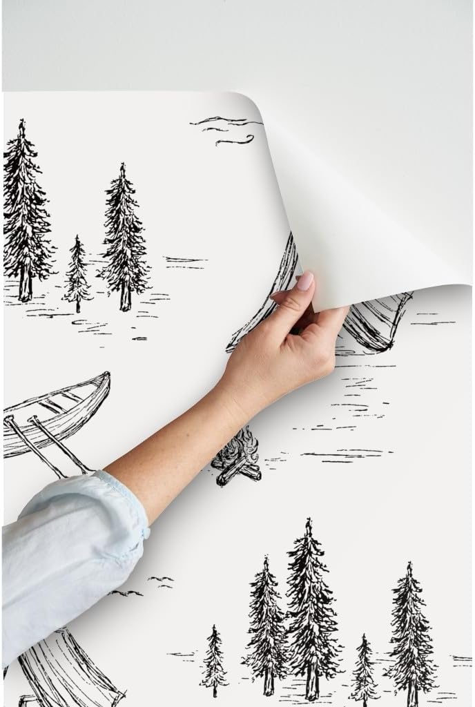 Peel & Stick Wallpaper 3ft x 2ft - Lake Life Black White Forest Theme Trees Woods Toile Camping Custom Removable Wallpaper by Spoonflower