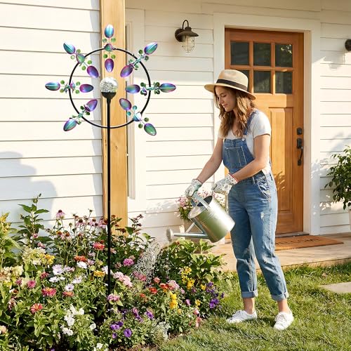 Image of Large Peacock Solar Wind Spinner Outdoor - Metal Kinetic Sculptures with Color-Changing Glass Ball, Dual Direction Spinning Garden Art Decor, Waterproof Lighted Windmills for Patio, Yard, Lawn