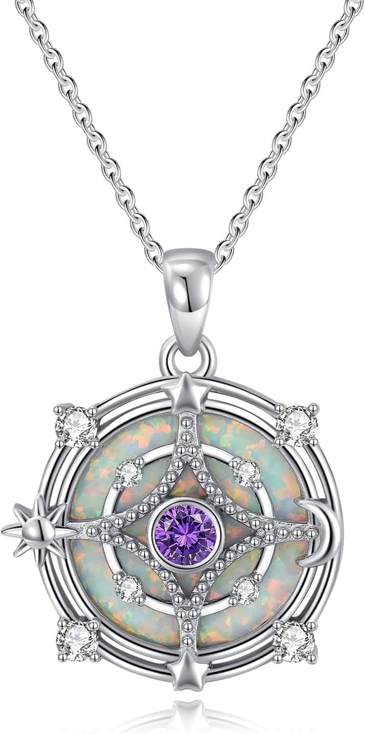 Opal Compass Necklace for Women Opal Necklace for Women Sun Moon Star Pendant 925 Sterling Silver North Star Anniversary Birthday Gifts Jewelry for Her