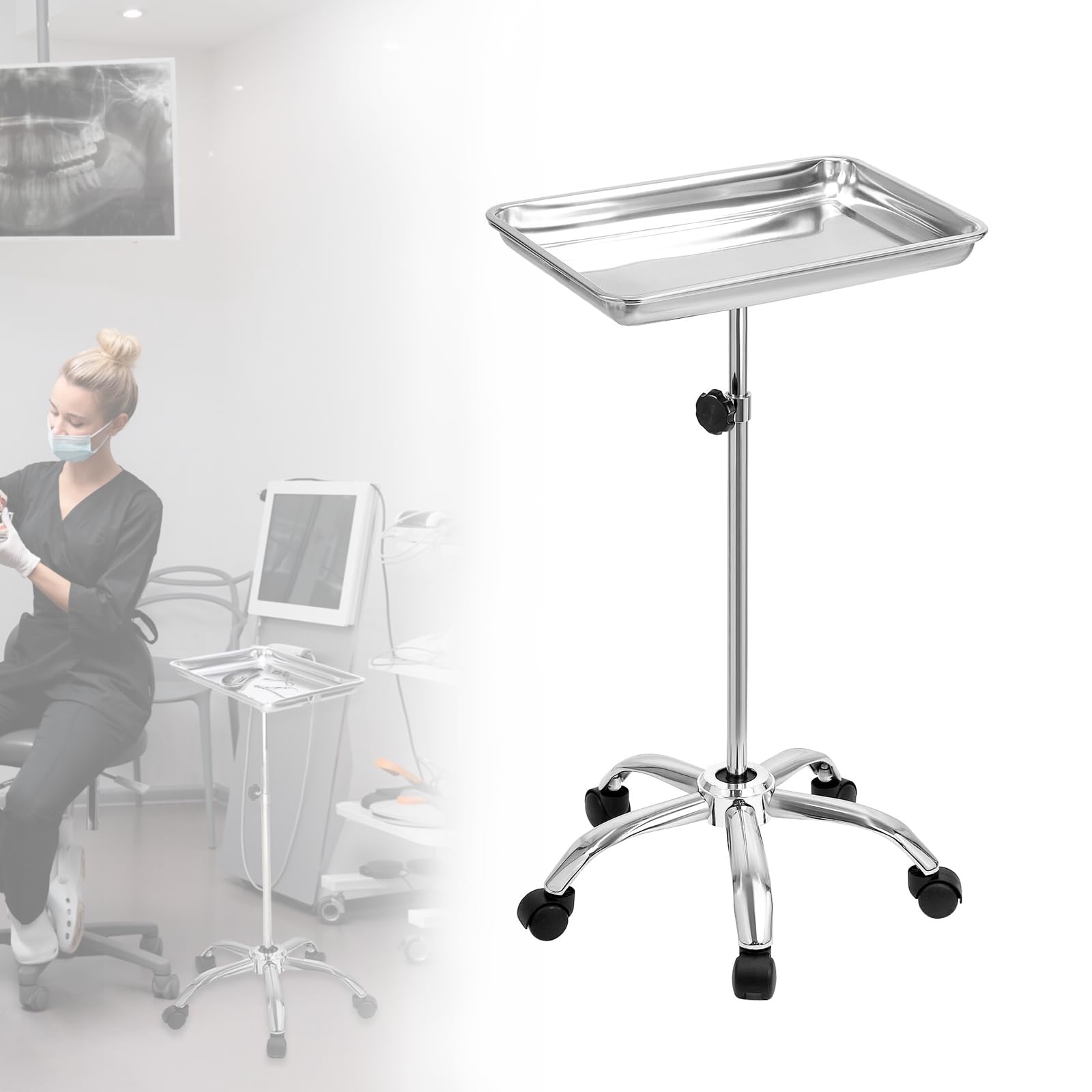 Suporte de instrumentos Mayo, Mesa rodante móvil para suministros de clínicas dentales, veterinarias y de mascotas - Altura ajustable 35 "-51" Carrito de utilidades (C)