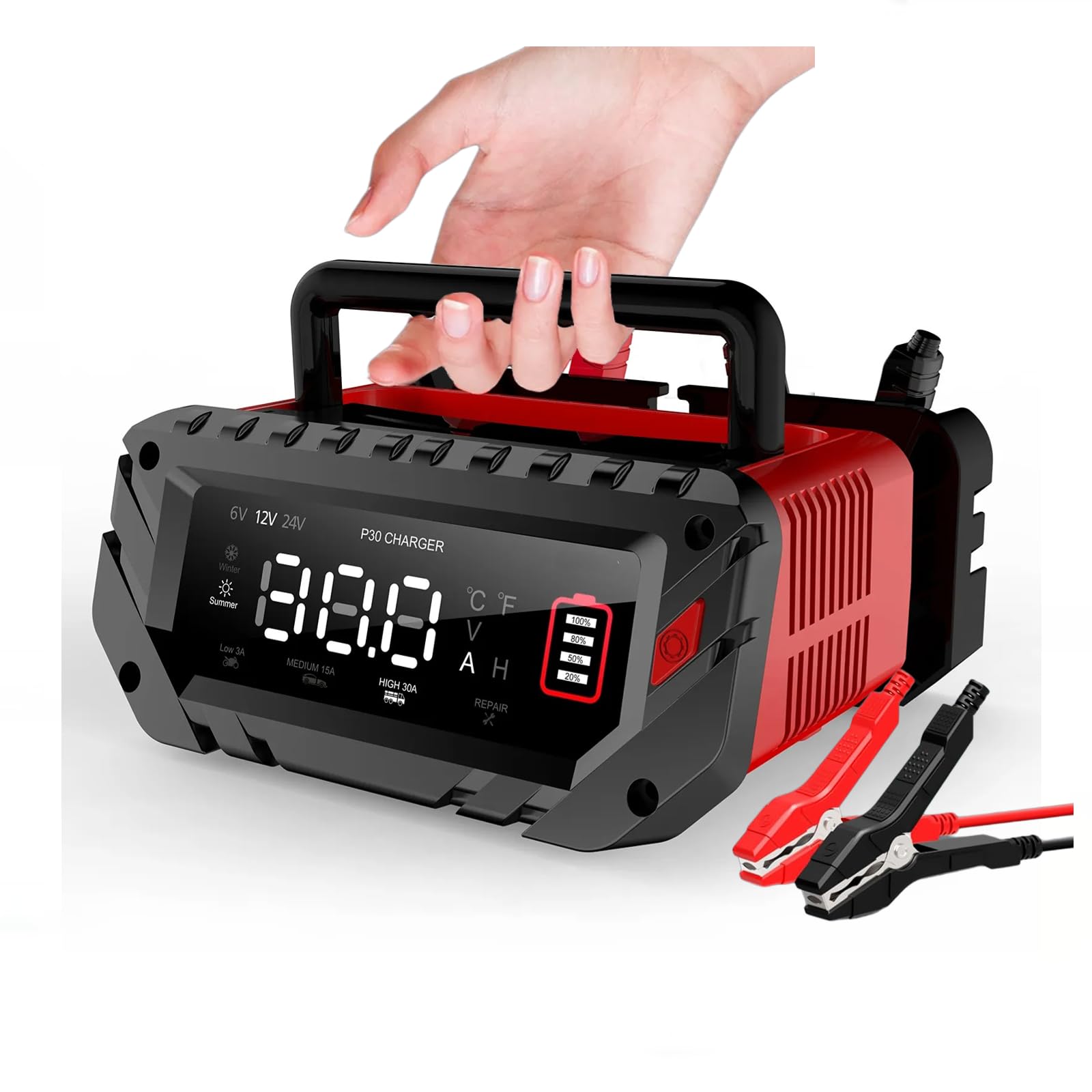 Cargador y mantenedor de batería inteligente de 6V/12V/24V 30A reparación por pulsos Cargador de 4 modos LiFePO4/AGM/plomo-ácido para coches,barcos,camiones,autocaravanas,cortacéspedes,enchufe europeo