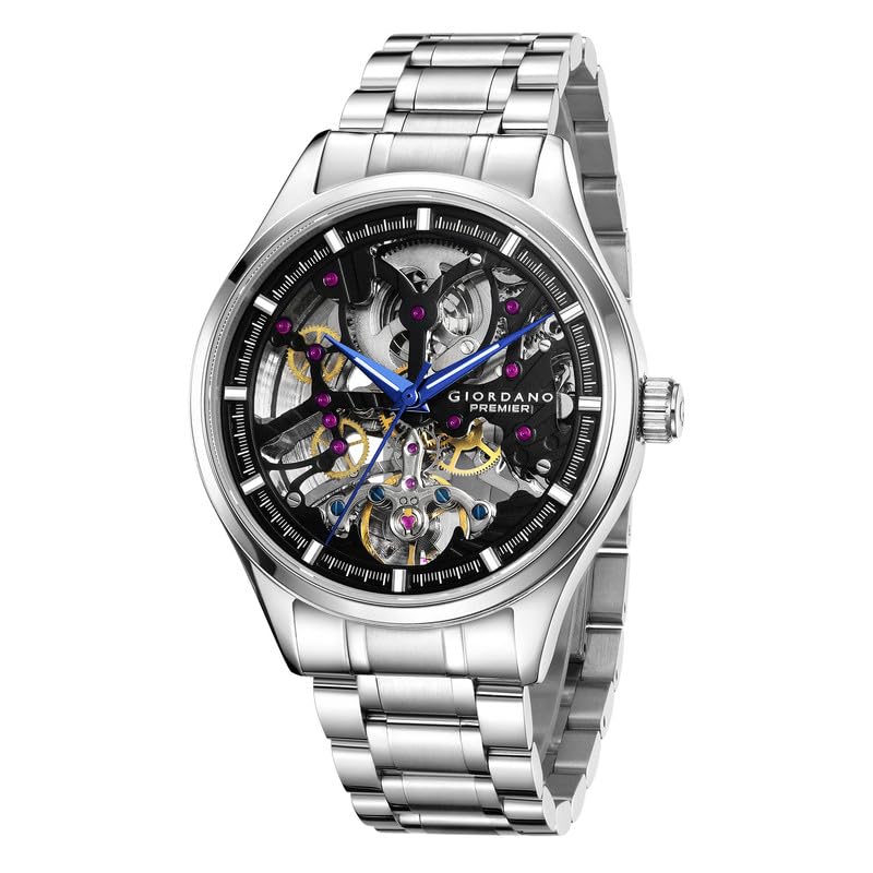 Image of Giordano Premier Fortezza Collection Automatic Watch for Men with Skeleton Round Dial, Luminous Hands and Markers, Stainless Steel Strap - GZ-50225