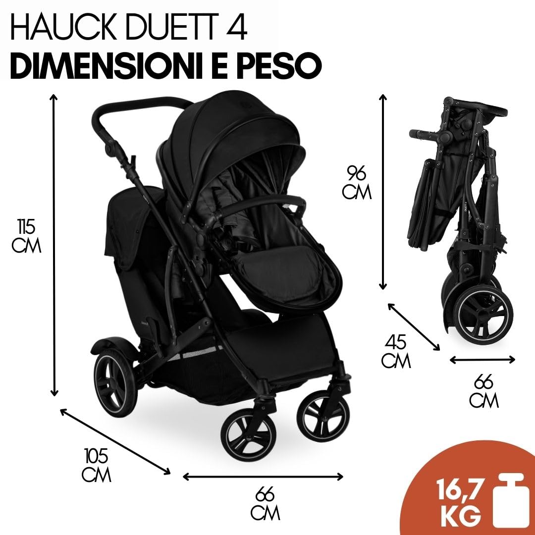 hauck Passeggino Gemellare Duett 4 - Passeggino Doppio per 2 Bambini, Fino a 36Kg, con Coprigambe e Parapioggia - Seduta Convertibile in Navicella Neonato - Nero