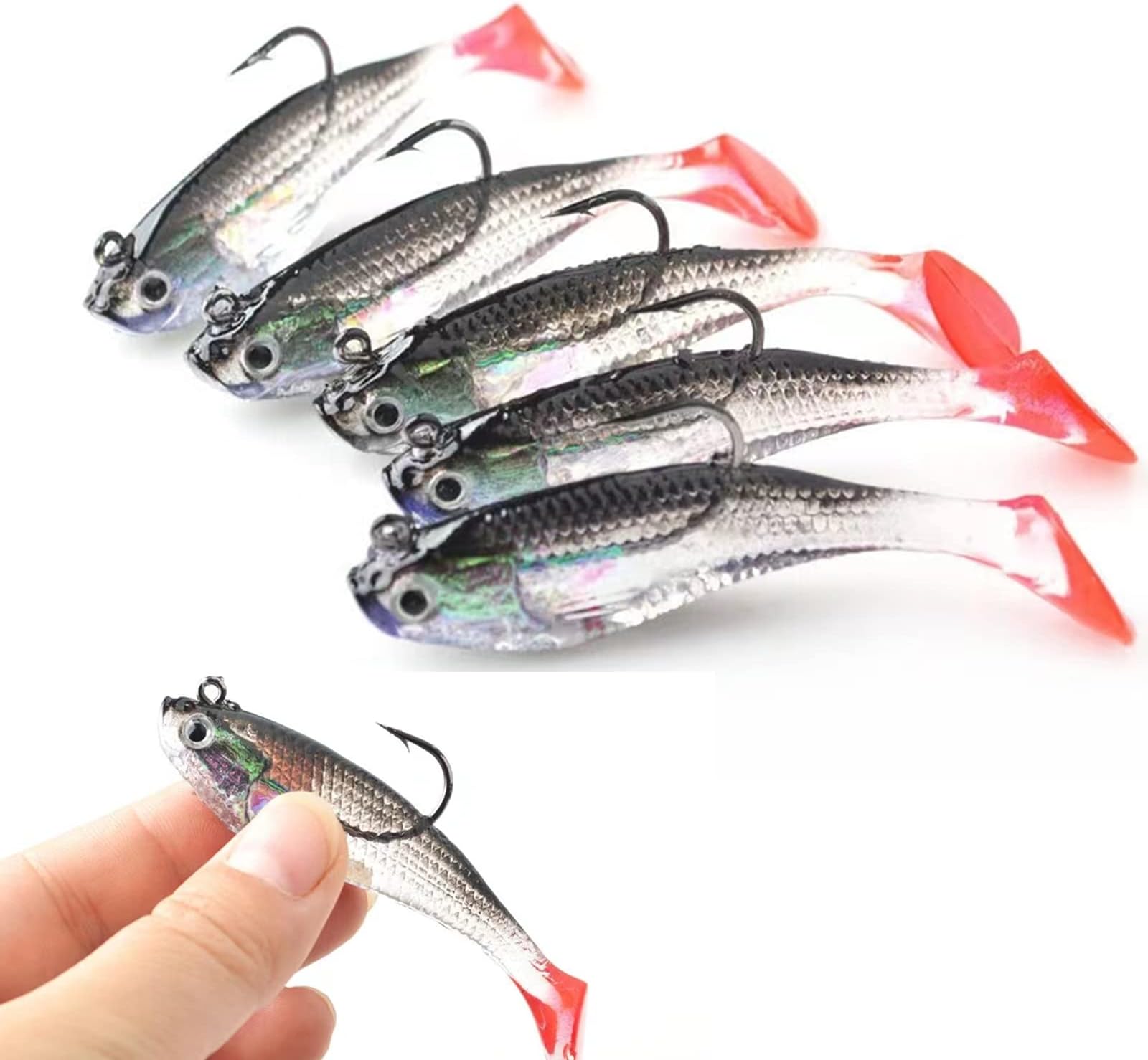 WYMAODAN Angelköder-Set, 5 Stück, 8 cm, weicher Köder, Bleikopf, Seefischköder, Angelzubehör, scharfer Drillinghaken, T-Schwanz, Kunstköder
