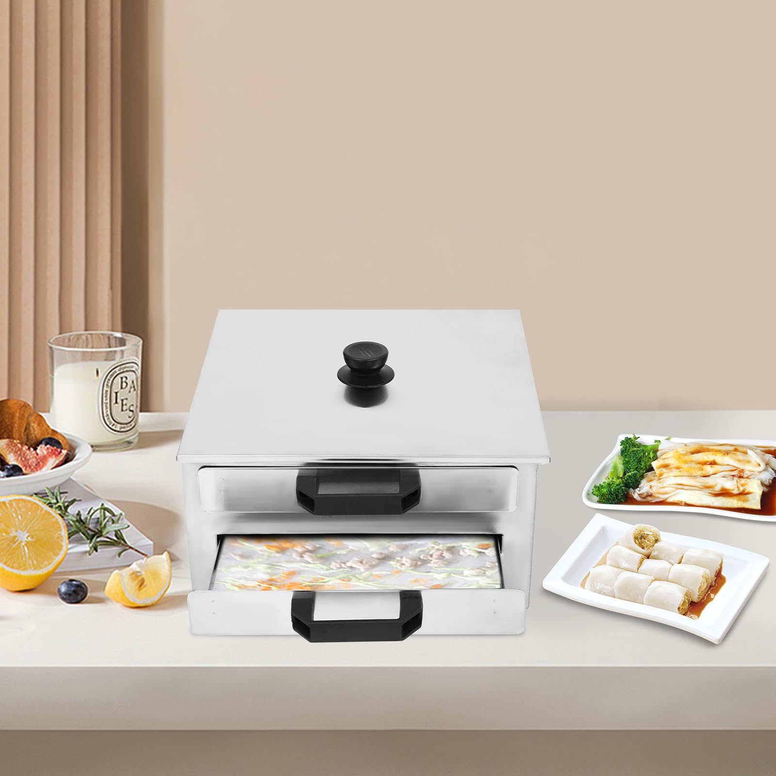 Macchina per rotoli di pasta di riso, vaporiera in acciaio inossidabile 304 con raschietto, maniglia del coperchio superiore, cassetto di ricambio, pentole a 2 strati per ricette Guangdong