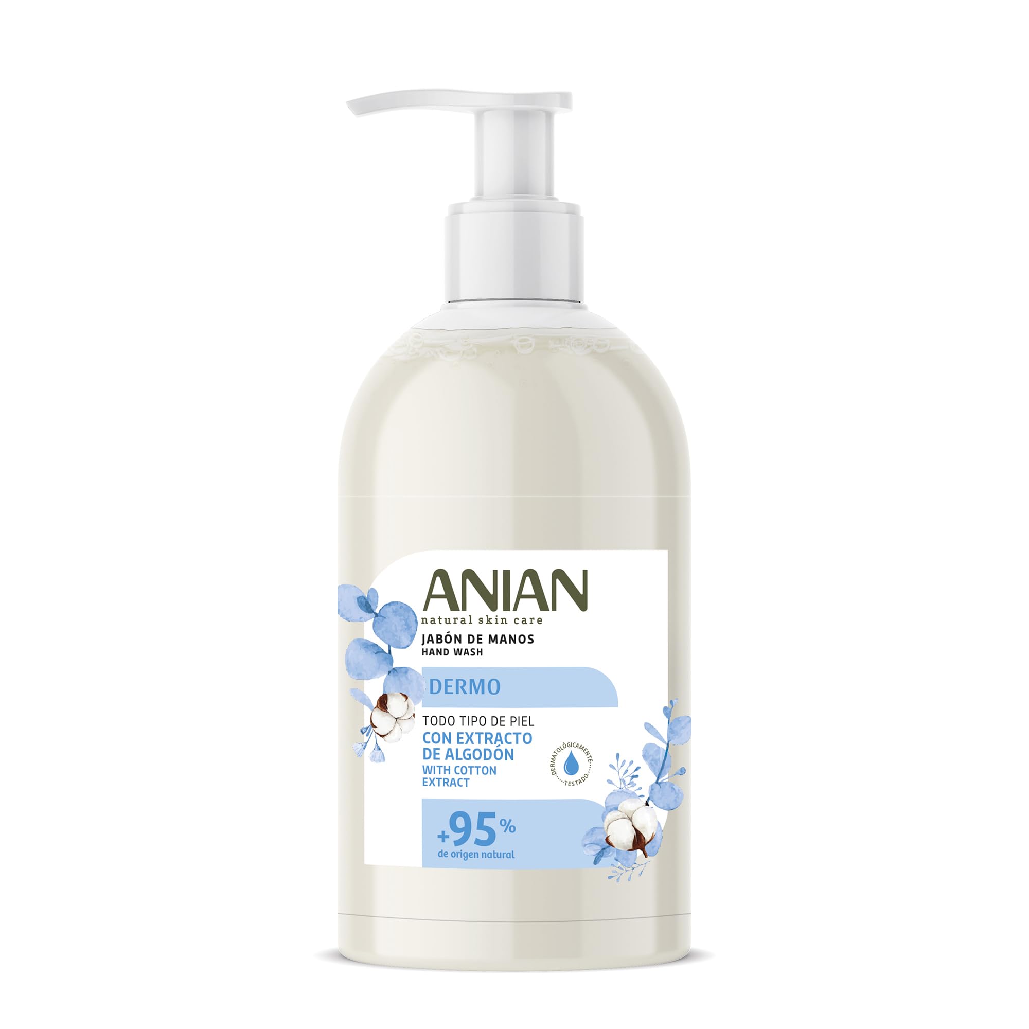 ANIAN - Jabón de Manos Dermo, 500 ml, para Todo Tipo de Piel, con Flor de Algodón y Glicerina, Limpia e Hidrata, Cuidado Delicado, + 95% Ingredientes de Origen Natural