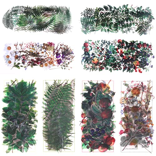 RISYPISY 160Stück Pflanzenaufkleber, 4 Packs Blume Blatt Dekorative Abziehbilder Wasserdicht PET Aufkleber für Junk Journals, Karten, Scrapbooking, Wasserflaschen