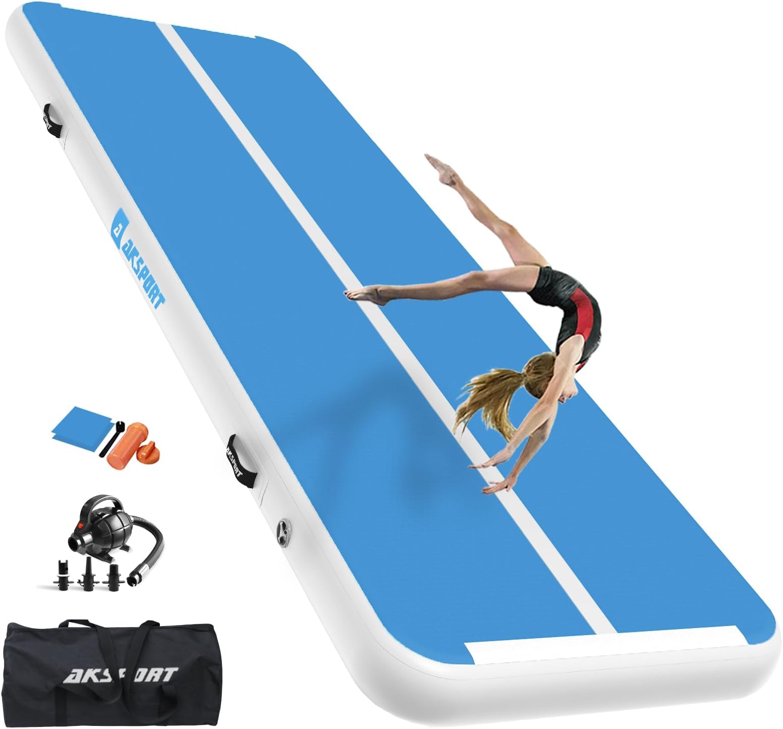 AKSPORTGymnastics Air Mat Tumble Track Tumbling Mat Inflatable Floor Mats with Air Pump for Home Use/Tumble/Gym/Training/Cheerleading/Parkour/Beach/Park/Water