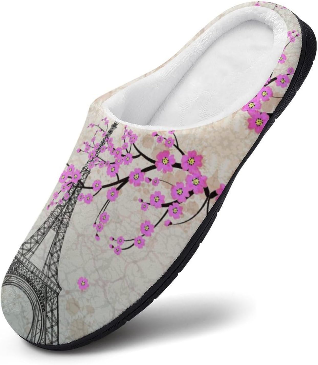 Pairs Eiffel Tower Women's House Slippers Memory Foam Warm Shoes Spa Rubber Sole Indoor Outdoor