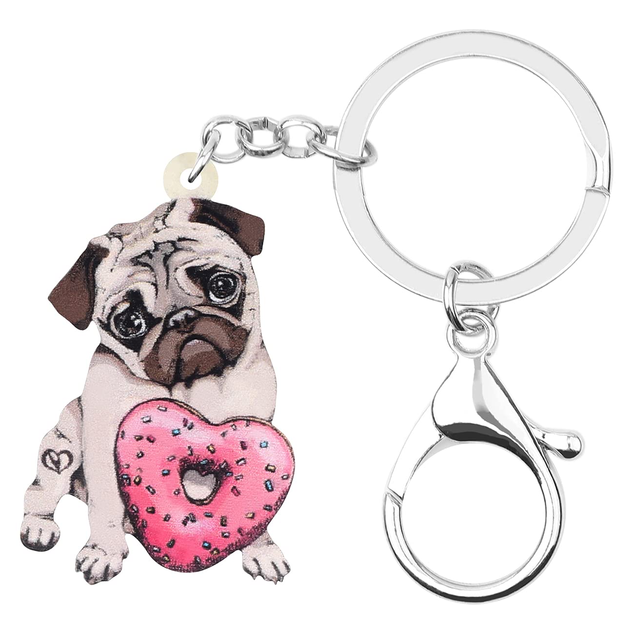 Weveni Women's Red Acrylic Valentines Day Heart Donuts Pug Dog Keychain Novelty Jewelry For Girls (Red)