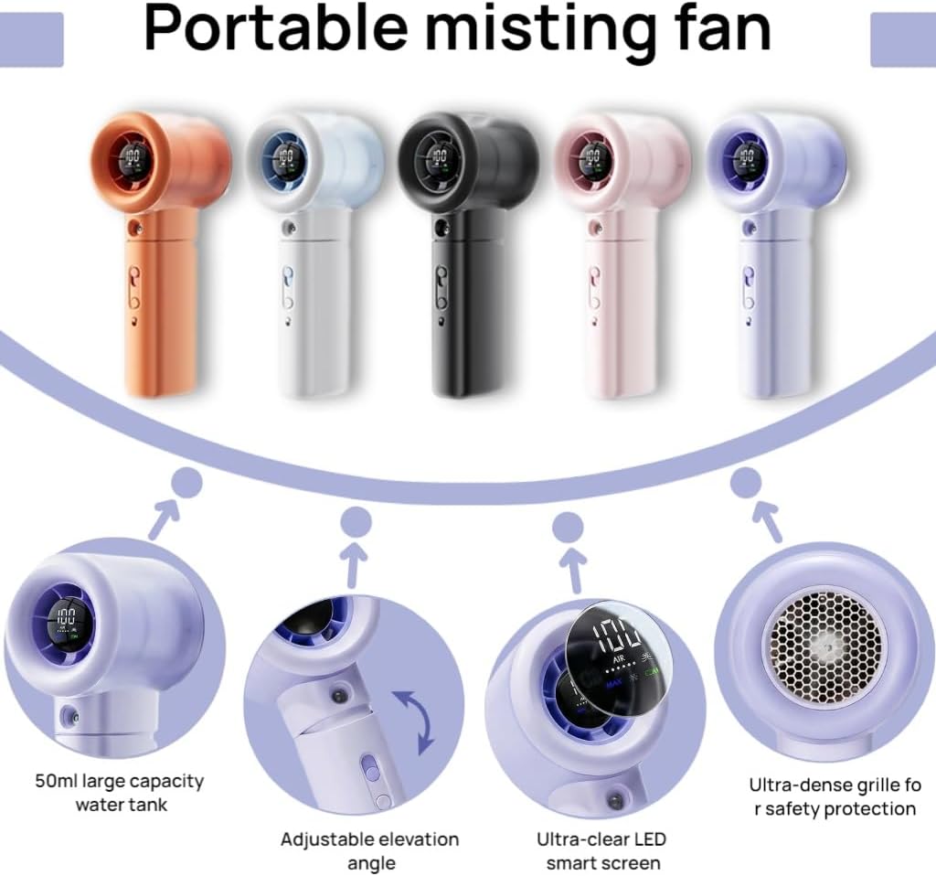 Handheld Portable Fan with Misting, Safety Lock, High Speed & LED Display - Personal Fans Portable Rechargeable, 20000 RPM Turbo Mini Fan for Travel, Outdoor, Home, Office (Purple)