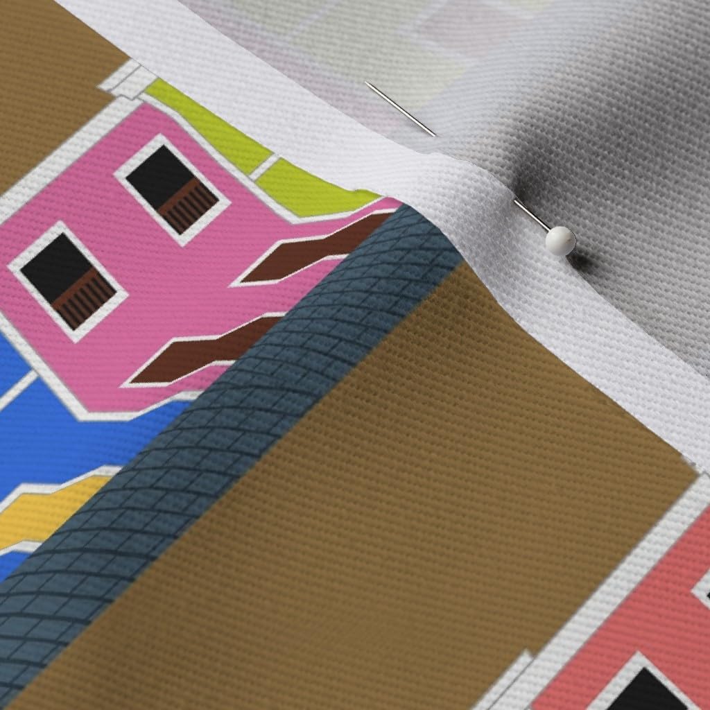 Spoonflower Fabric - Old Colorful Tropical Island Historical Architecture History Printed on Denim Fabric by The Yard - Bottomweight Apparel Home Decor Upholstery