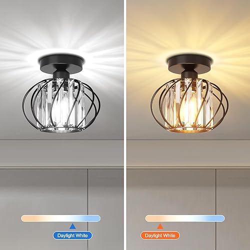 Miniatura 7 de FRIDEKO HOME Paquete de 2 lámparas de techo semiempotradas, pequeña lámpara de cristal para pasillo, jaula de metal negro, lámpara moderna para