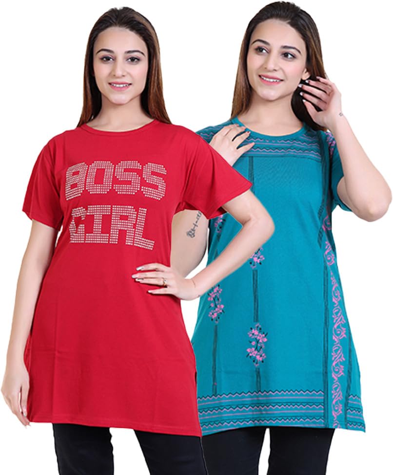 rg by s.s. clothing RG Summer Casual Wear Round Neck Half Sleeve Cotton Printed Women's Long T-Shirt Combo Set-picture-12