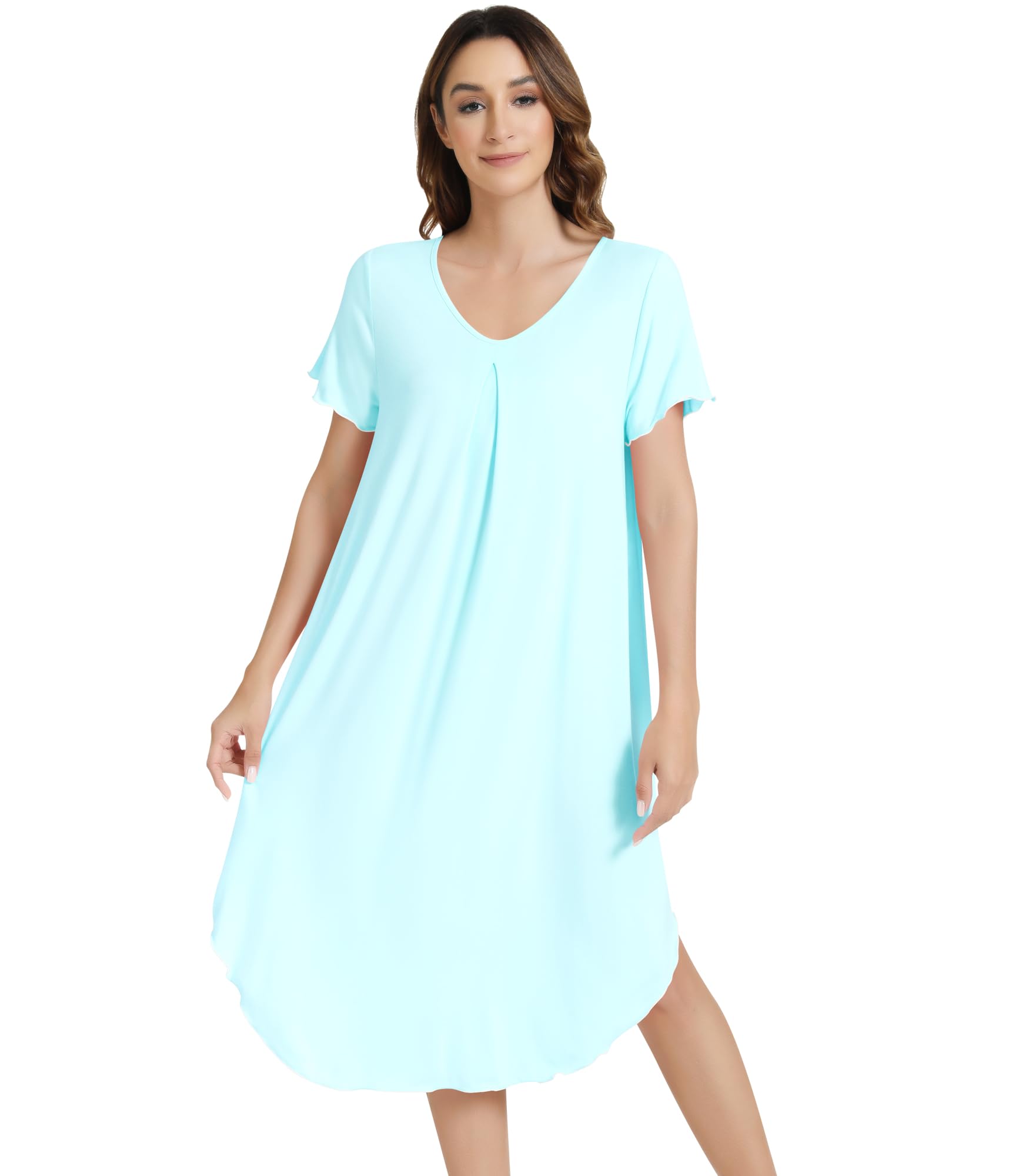 NACHILA Bamboo Viscose Nightgowns for Women Short Sleeve V Neck Sleepwear | Calf Length Nightgowns, Tagless V-Neck Sleepshirt, Pleated Chest Design, Comfortable Short Sleeves, Loose Fit