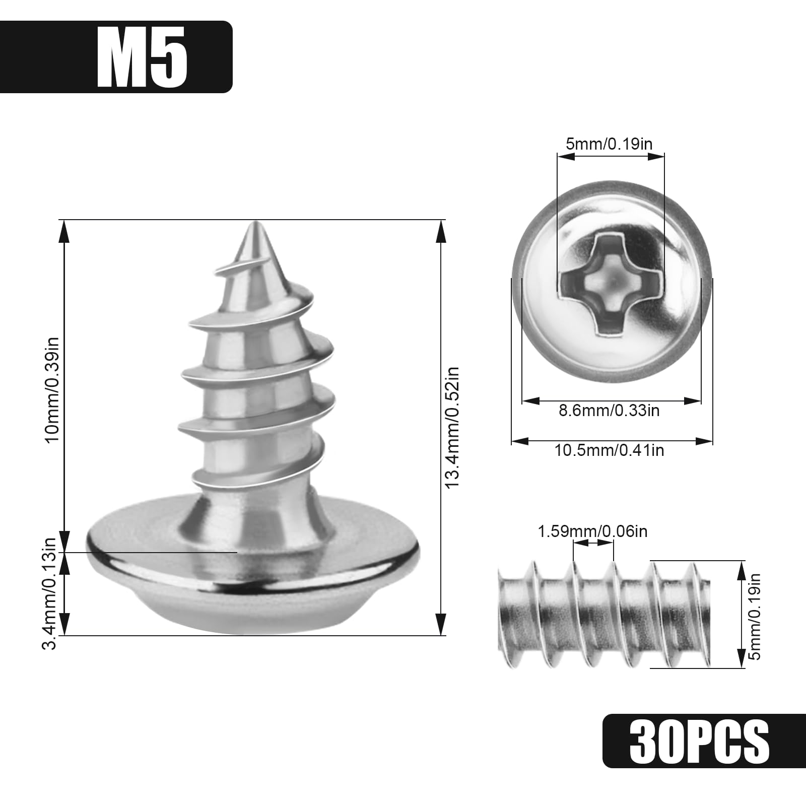 KGGZKG 30 Pcs Pan Head Screws M5x10x10.5mm Phillips Wafer Head 304 Stainless Steel Wood Screws Self Tapping Screws Multi Purpose Round Dome Head with Washer for Construction Hardware Silver - Image 2