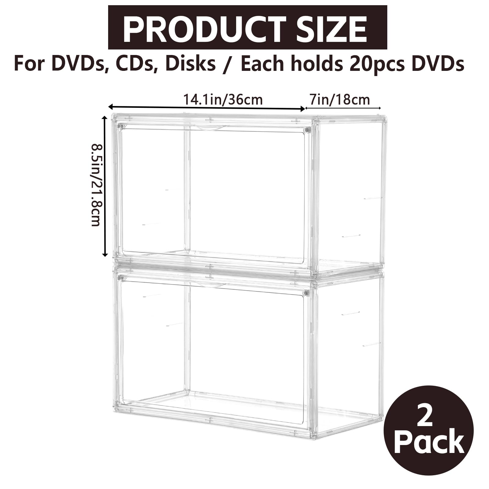 Paquete de 2 cajas de almacenamiento de DVD y CD de acrílico apilables, organizador de CD de plástico transparente con cubierta magnética abatible a prueba de polvo, almacenamiento de medios para