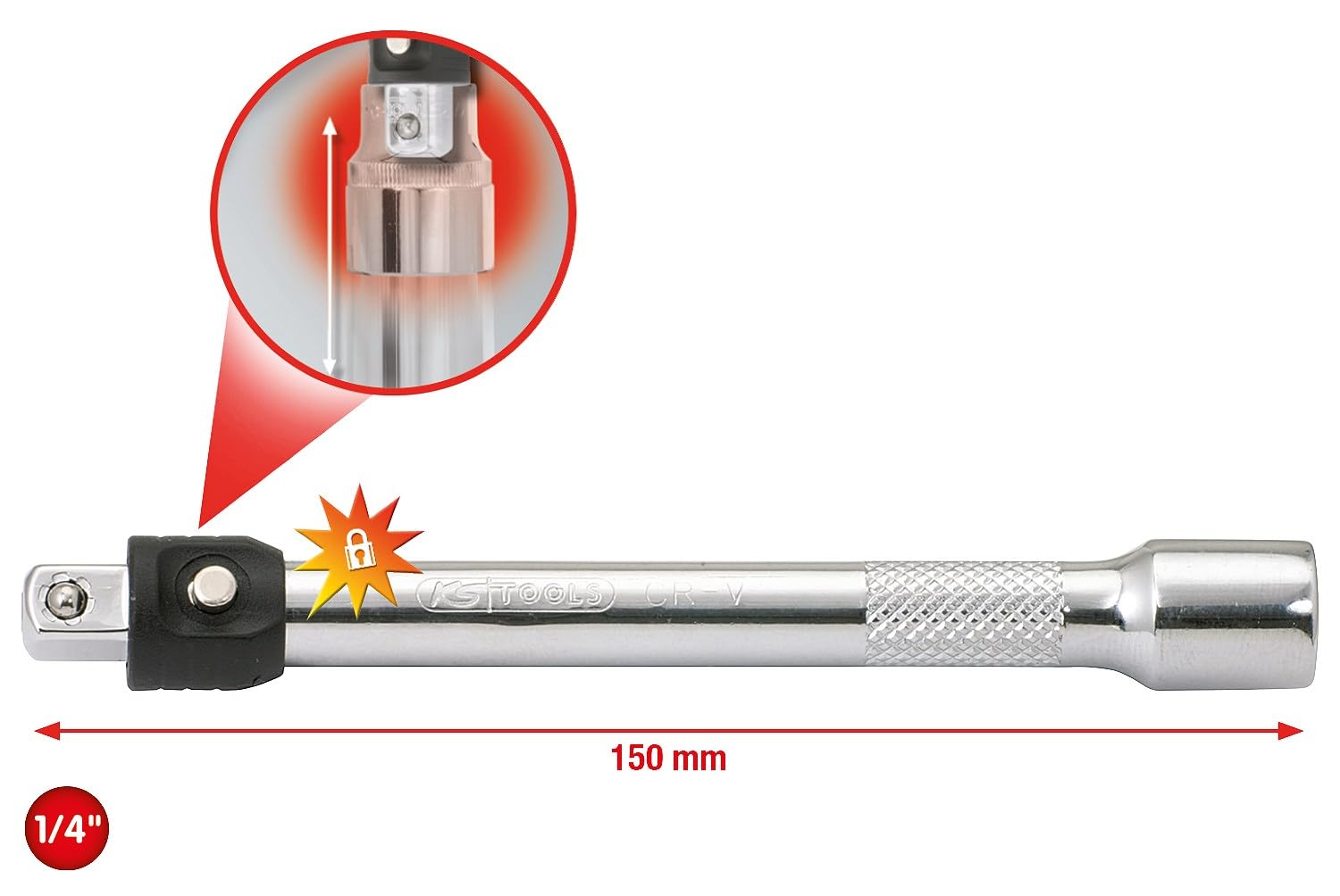 KS TOOLS 1/4" Prolongador CHROMEplus con bloqueo, 150 mm