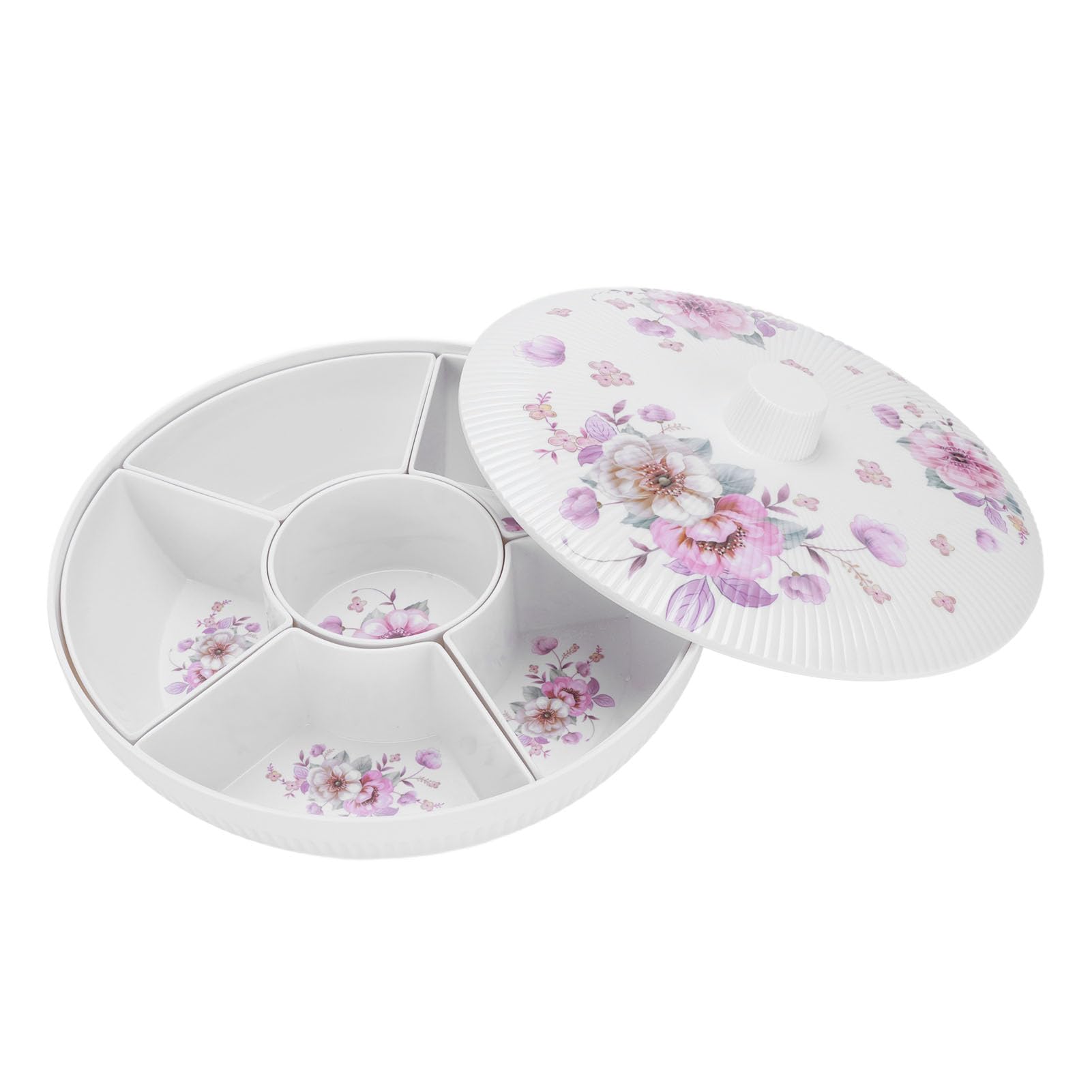 Yctze Plateau de Service Rond divisé avec Couvercle – 6 Compartiments pour Collations, Apéritifs, Bonbons, Noix et Fruits Secs – Rangement et Divertissement à Domicile