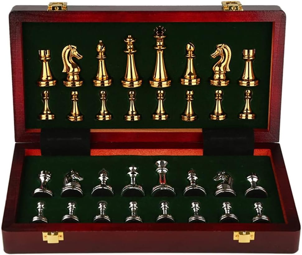 11Inch Large Deluxe Metal Chess Set - Portable Wooden Box with Alloy Pieces, Folding Board, Ideal for Adults