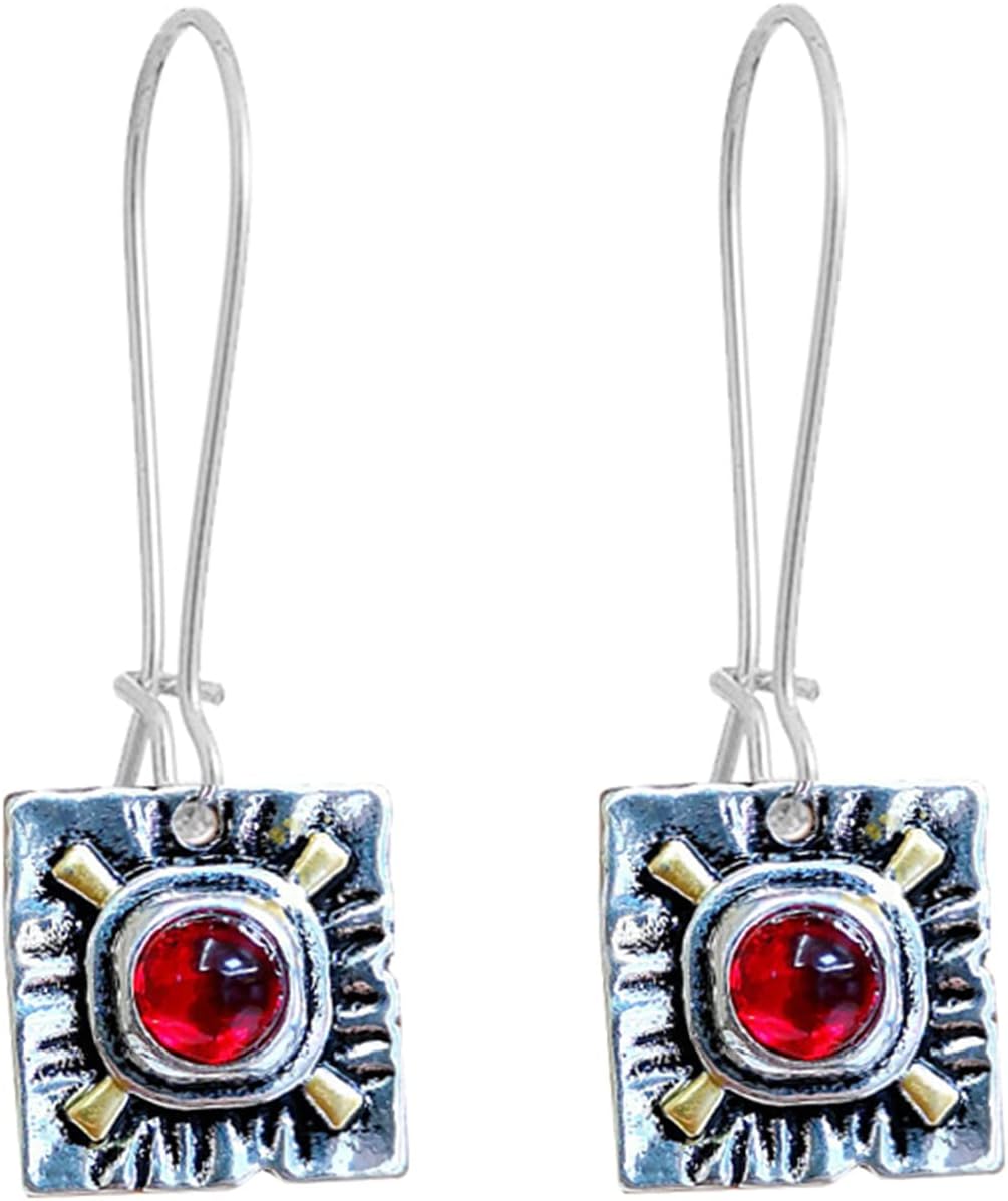 coadipress Handmade Boho Hoop Earrings for Women Unique Vintage Silver Natural Ethnic Red Gemstone Lightweight Dangle Drop Statement Earrings Retro Bohemian Jewelry Gifts
