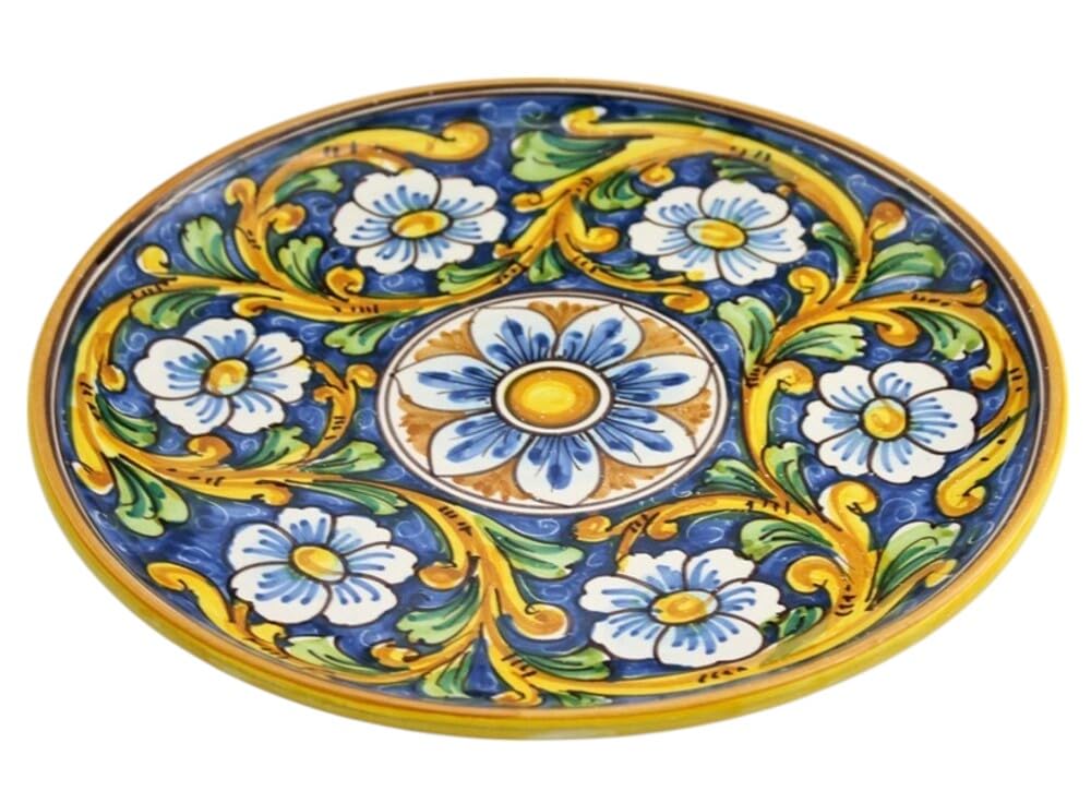 Piatto grande in ceramica siciliana blu giallo verde rosso di santo stefano di camastra decorata a mano barocco Art 12