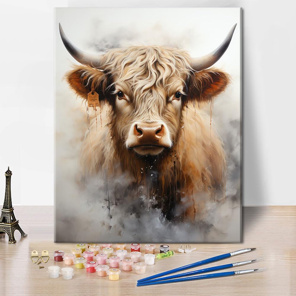 TISHIRON Highland Cow Paint by Numbers for Adults, Animals Paint by Numbers Kit for Adults, Painting by Number Kits on Canvas Wildlife, Oil Painting for Gift Home Decor 16"x20"(Frameless)