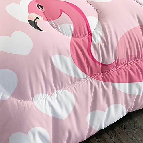 Miniatura 4 de XYNHML Juego de edredón de flamenco, tamaño matrimonial, diseño de corazón de flamenco, rosa tropical, juego de ropa de cama acolchado Kawaii para