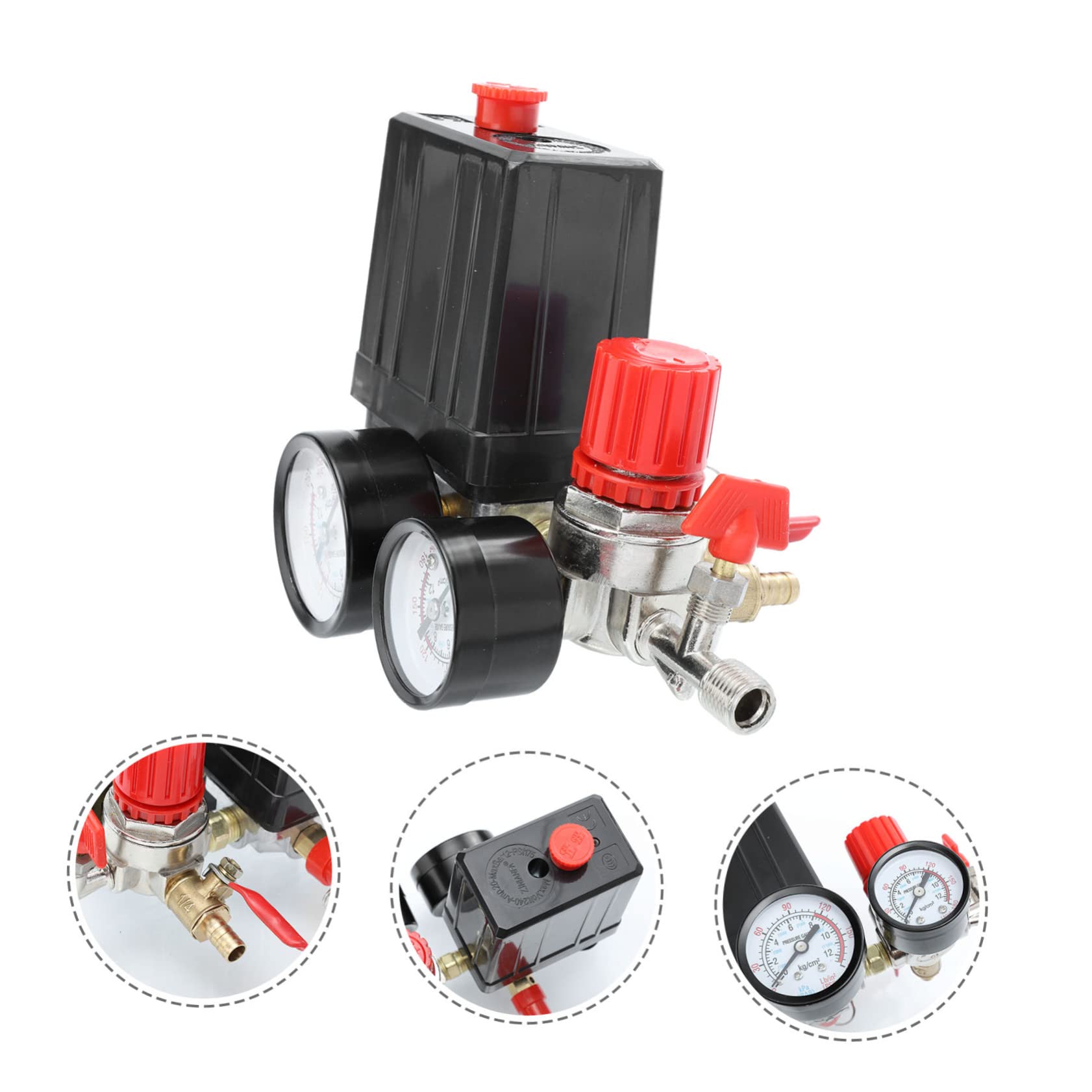 Artibetter Set Valvola di Controllo Pressione per Compressore d Aria a 4 Fori, Manometro, Plastico e Ferro, 220/380v, per 0,5-0,8mpa