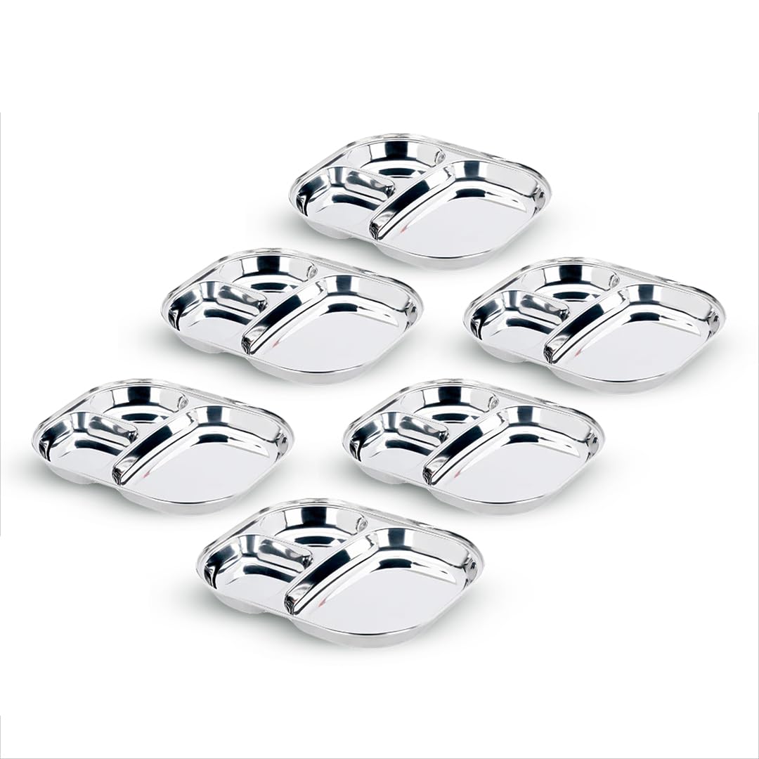 Vinod Stainless Steel 3-Compartment Plate/Heavy Guage Pav Bhaji Plate/Idli Sambhar Breakfast Plate/Stainless Steel Plates for Lunch/Dinner, Set of 06-picture-26