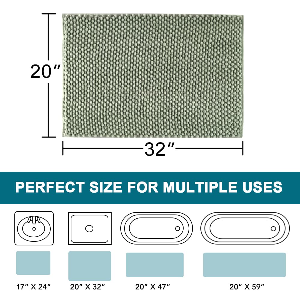 Turquoize Bathroom Rugs Non-Slip Chenille Bath Mat for Bathroom 20 x 32 Inches Extra Soft and Absorbent Shaggy Bathroom Rugs, Machine Washable Perfect for Bathtub and Shower Floor, 32" X 20", Sage
