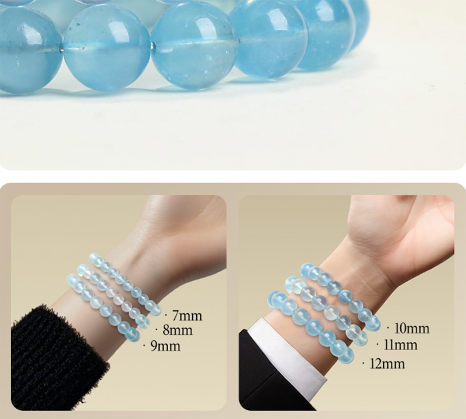 Pulsera de Piedras Preciosas de Aguamarina Natural, Cuentas Redondas, Pulsera elástica Hecha a Mano Genuina, joyería de Cristal Unisex, Pulsera de Piedra Natal de Marzo,12mm