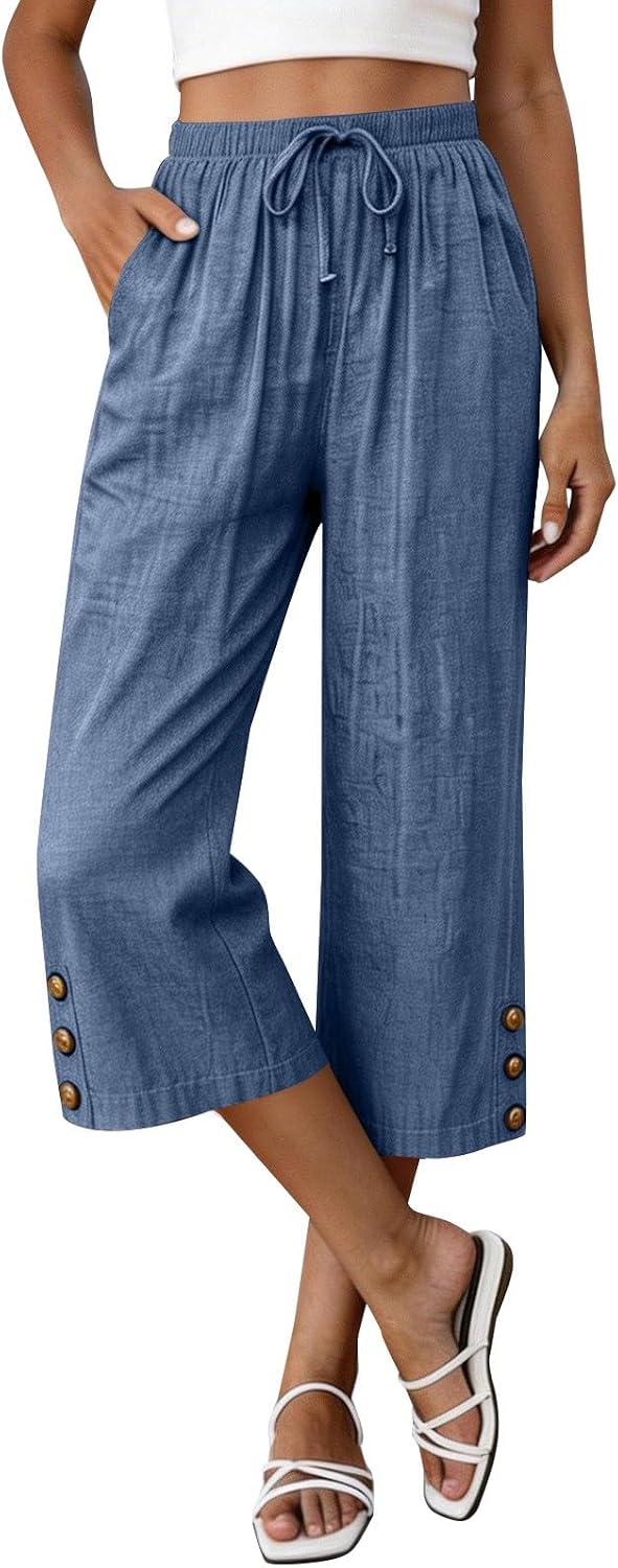 Elastic Waist Lightweight Wide Leg Capri Pants, Loose Pocketed Cropped Trousers for Womens Summer Casual Looks