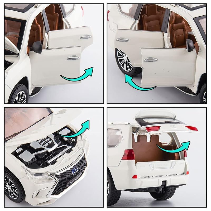 Image of Kids Model 1:24 Lx570 Die Cast Metal Car Pull Back Action Opening Doors with Realistic Engine Sound Lights Toy Car Gift for Boys - White