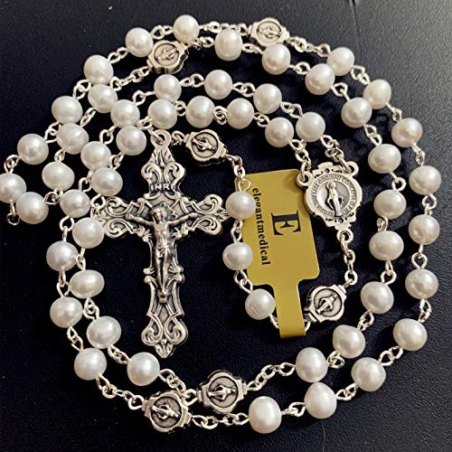 elegantmedical Handmade AAA6MM White Real Pearl Beads Catholic Our Lady Grace Rosary Cross Necklace Box case Womens Girls Gifts2