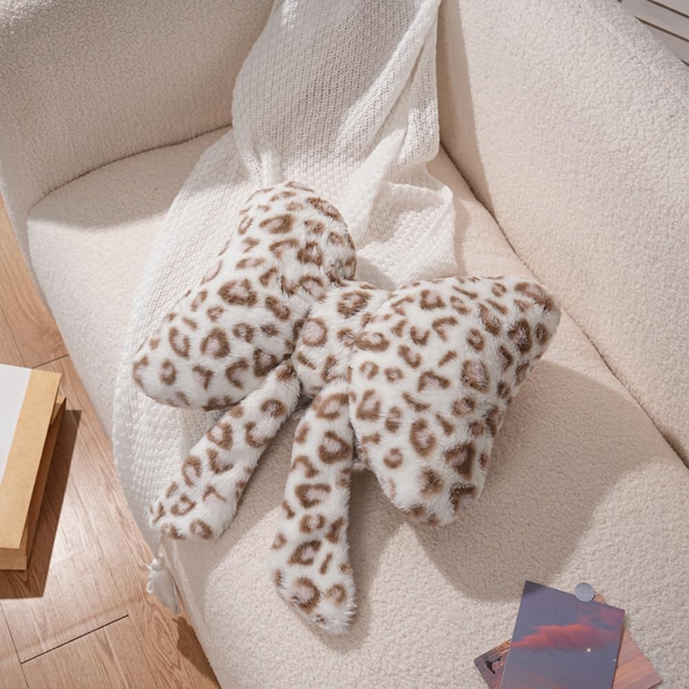 2 Pack Cute Leopard Print Bow Throw Pillows Furry Cheetah Bownote Plush Pillow Decor Bow Lumbar Suffed Pillow for Home Living Room Bedroom Bed Couch Cushion
