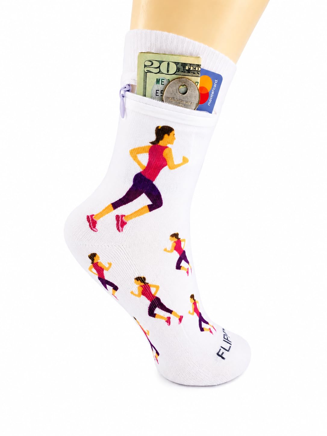 Zipper Sock Wallet - Cotton &amp; Polyester Zipper Socks with Pockets - Fits shoe size 6-13