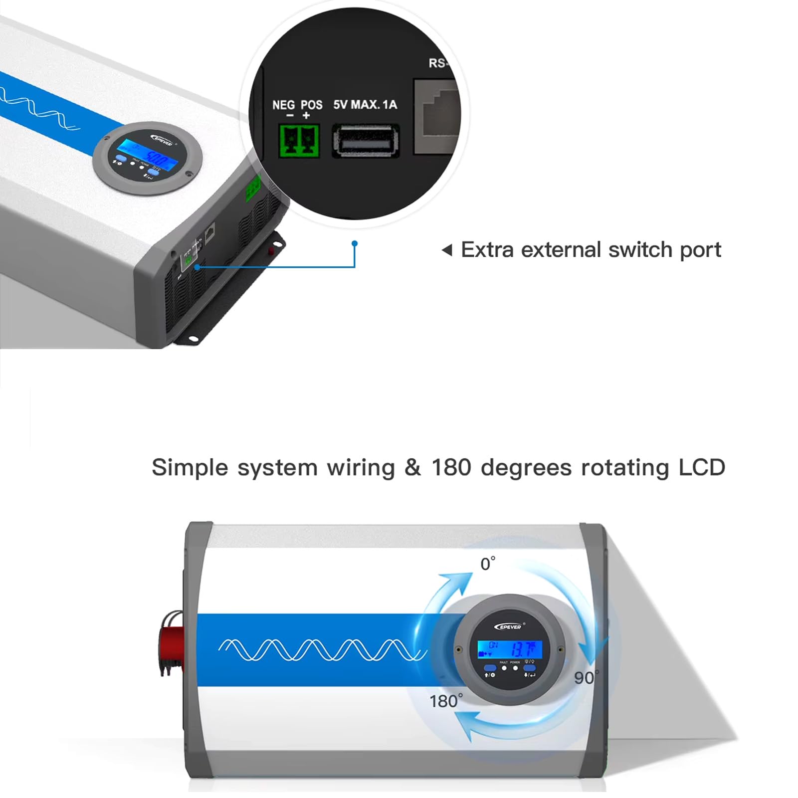 EPEVER IPower-Plus Series IP1000-12 Plus, 1000 W 12 V DC na 230 V AC przetwornica napięcia sinusoidalnego falownik z wyświetlaczem LCD, idealny do off-grid oświetlenia awaryjnego gospodarstwa domowego