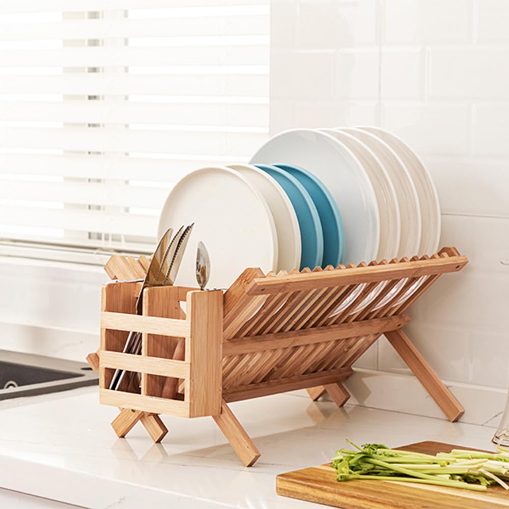 Scolapiatti in legno con porta utensili, scolapiatti in bambù a 2 livelli per bancone della cucina, scolapiatti pieghevole in legno, soluzione compatta