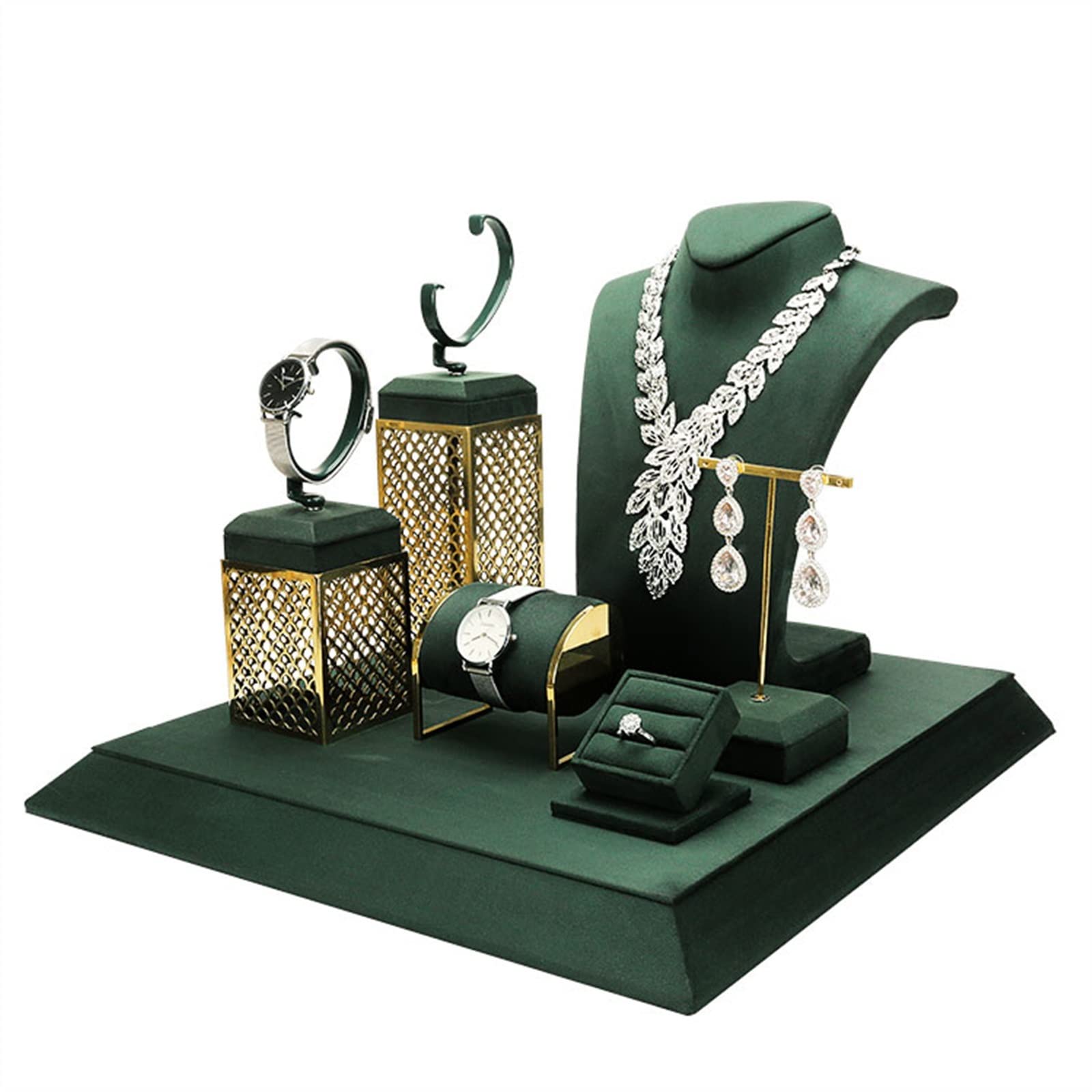 Espositore per gioielli Espositore per manichini per gioielli Espositore per orecchini e collane in velluto verde Espositore per gioielli Busto per mani Organizzatore per esposizione e vendita di