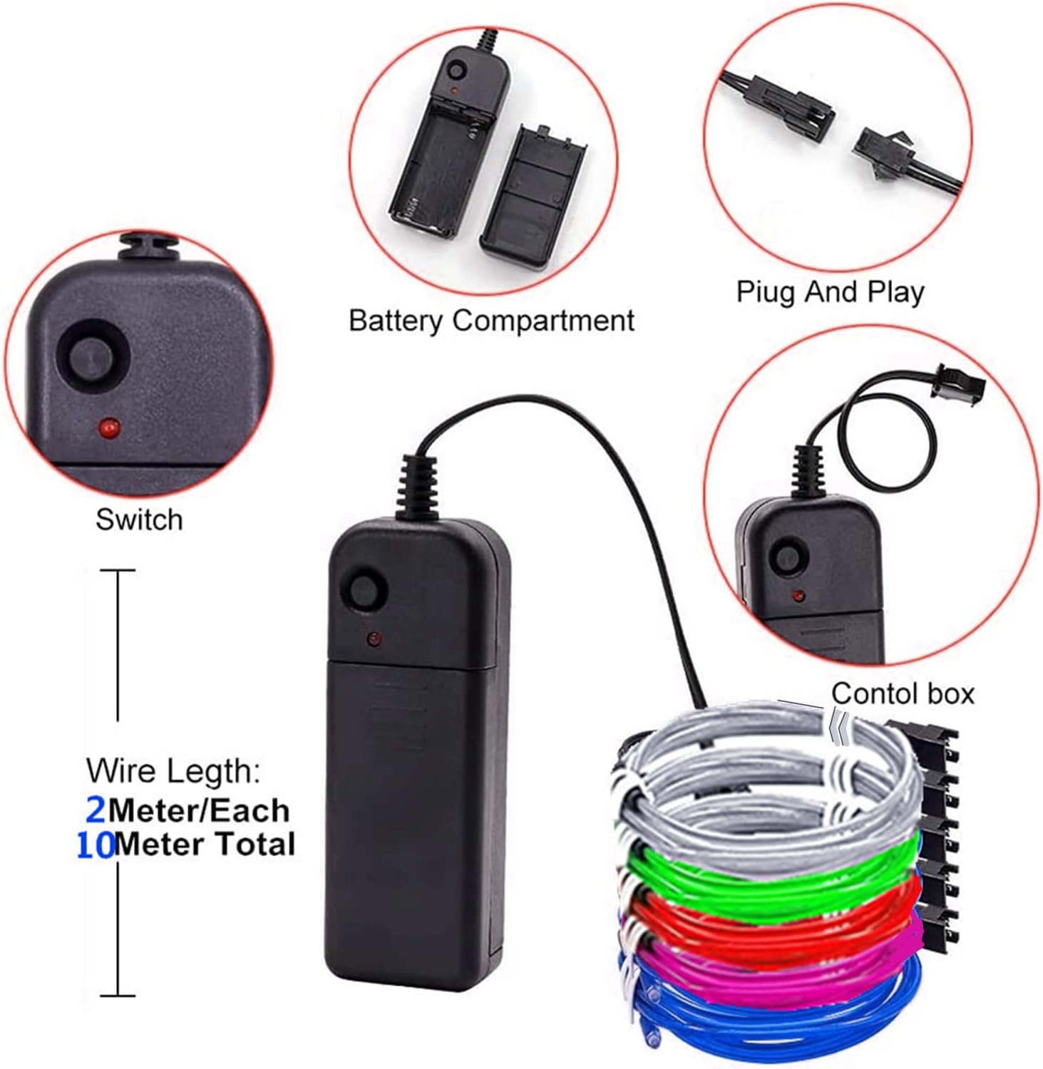 Ourbest EL Wire Lights Battery Powered, 6Ft x5 Wearable Led Wire Lights 5in1 neon String Light,DIY neon Sign kit Stay/Slow/Fast Flash Party Decoration